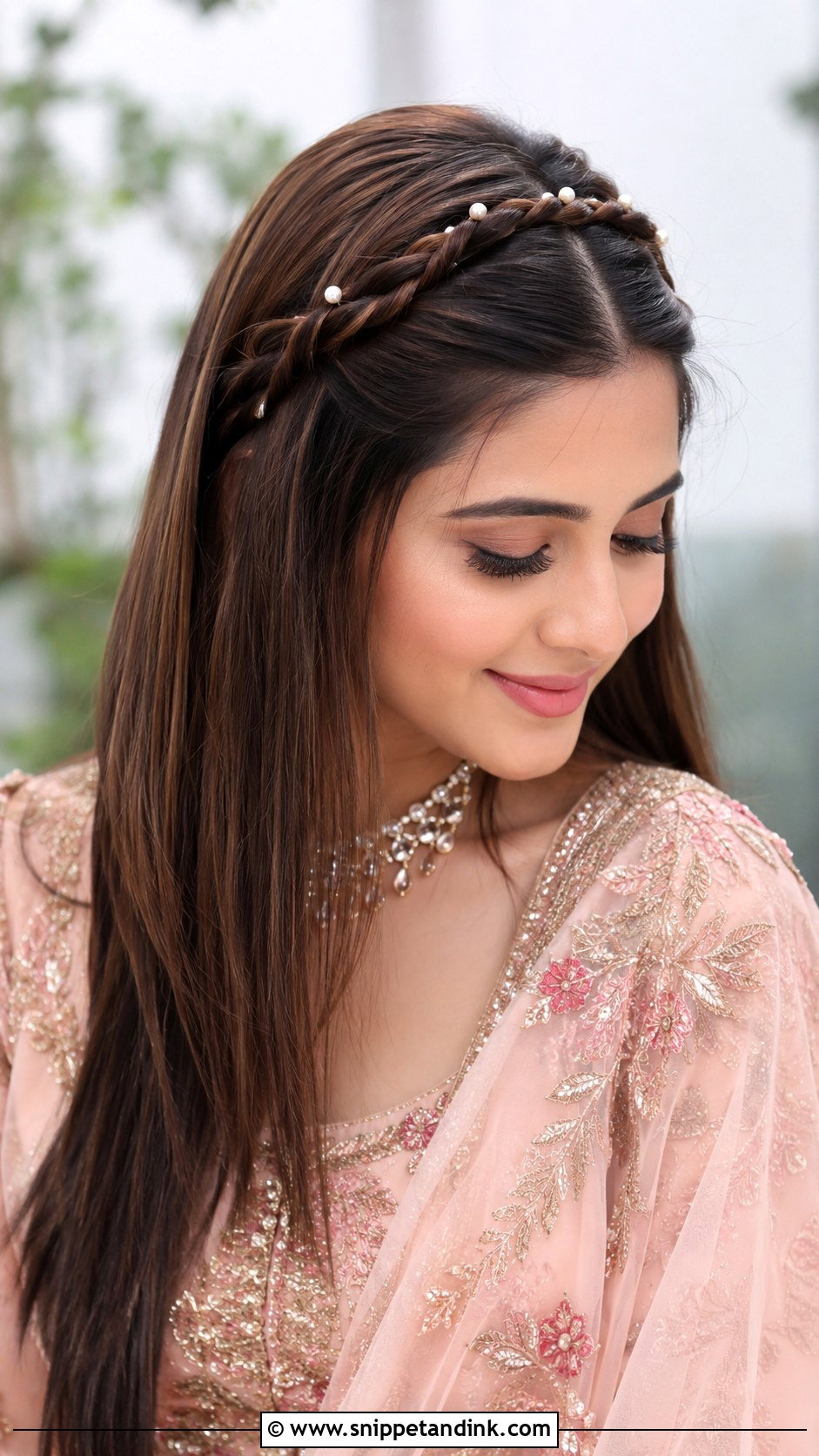 Straight Open Hair With Twisted Headband Braid - Snippet and Ink - 30 Straight Open Hairstyles Indian Wedding