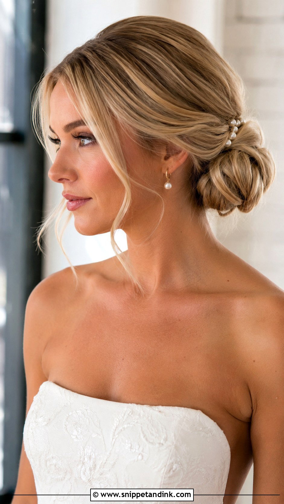 Strapless Wedding Low Bun - Snippet and Ink - 15 Strapless Wedding Hairstyles