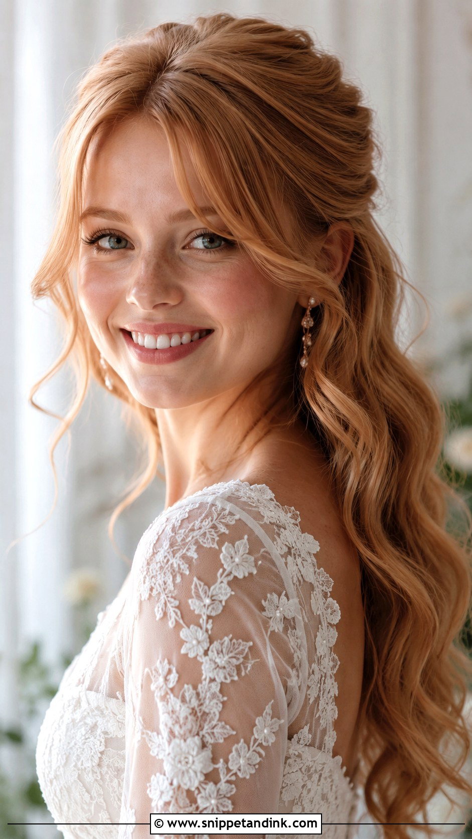 Strawberry Blonde Wedding Hair With Curtain Bangs - Snippet and Ink - 15 Strawberry Blonde Wedding Hair Ideas