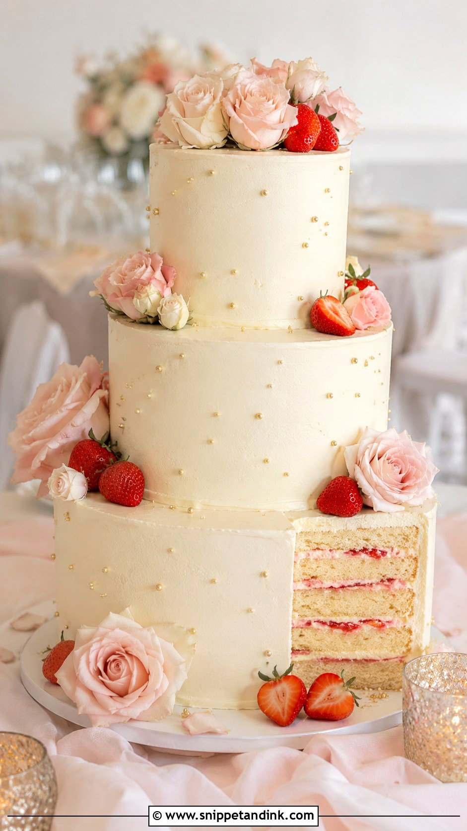 Strawberry Champagne Wedding Cake - Snippet and Ink - 20 Best Strawberry Cake Ideas for Wedding