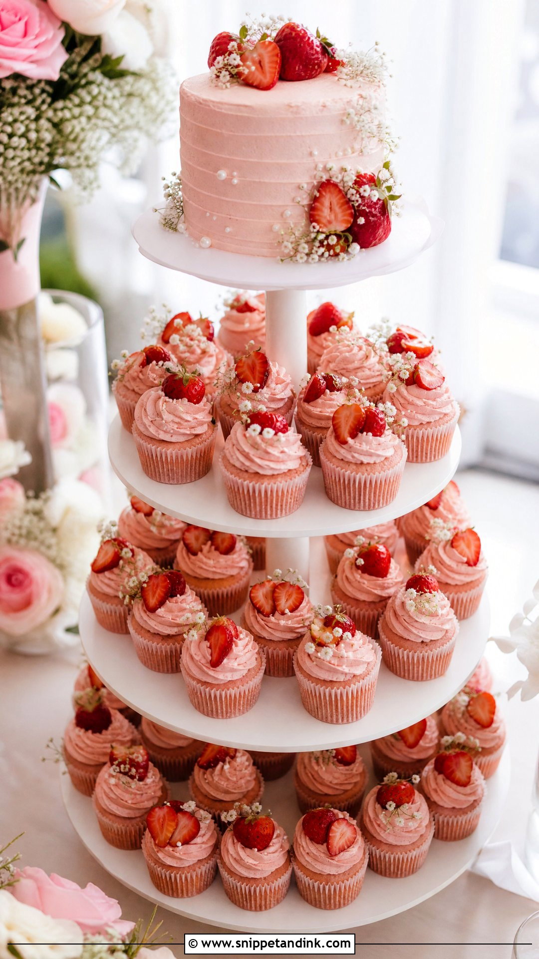 Strawberry Cupcake Wedding Cake - Snippet and Ink - 20 Strawberry Wedding Cake Ideas