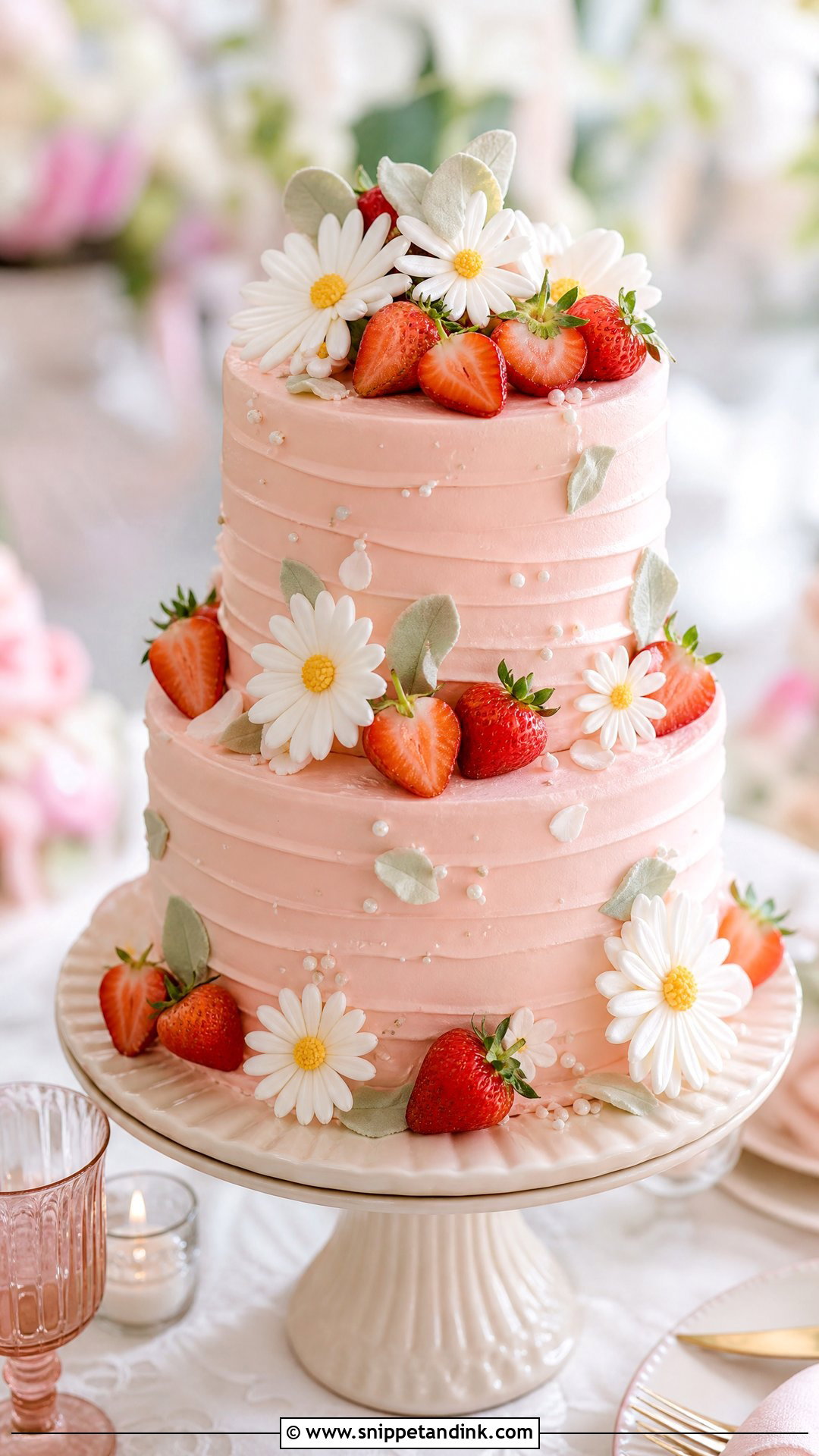 Strawberry Daisy Wedding Cake - Snippet and Ink - 25 Daisy Themed Cake Ideas for Wedding