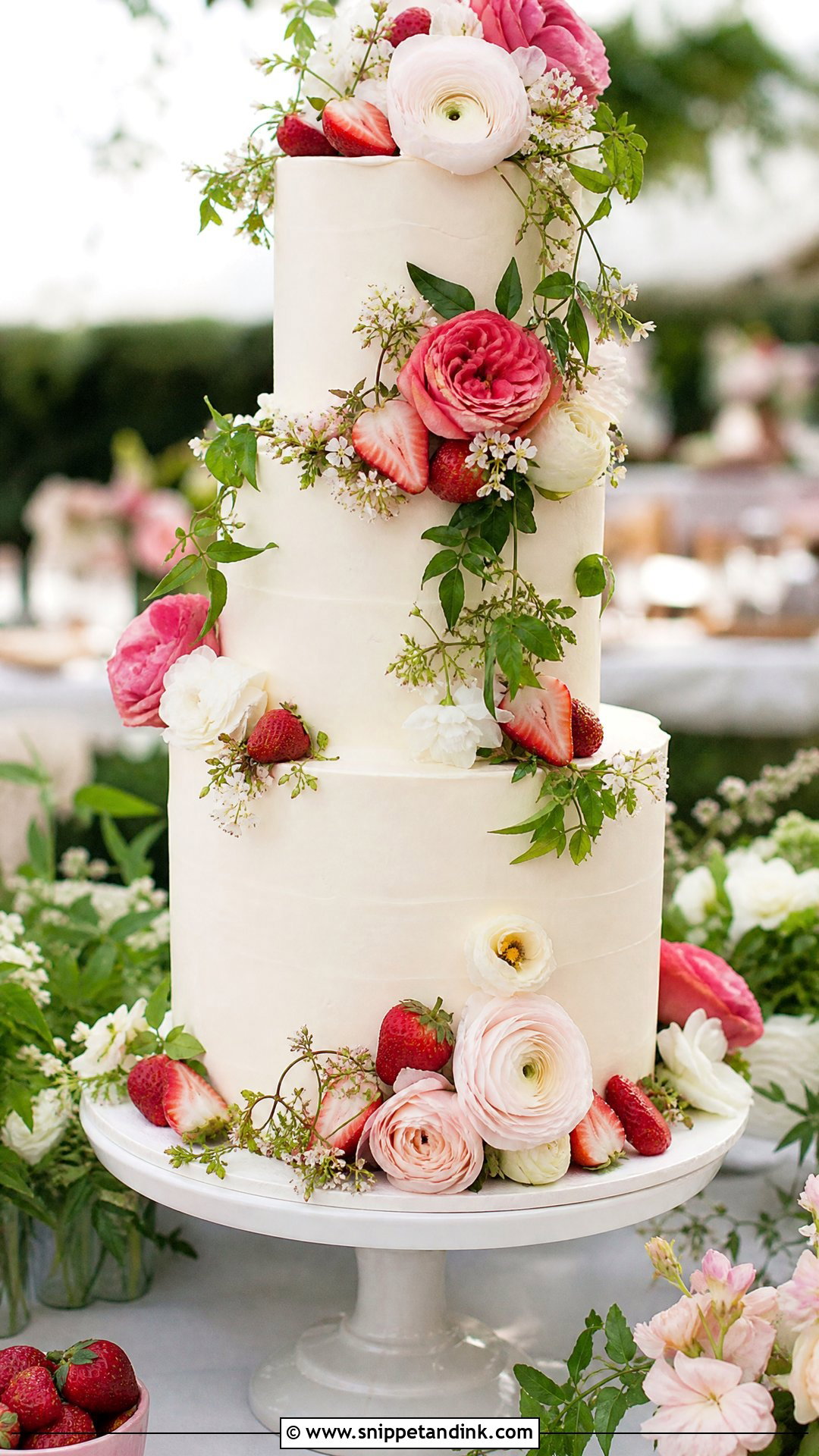 Strawberry Floral Wedding Cake - Snippet and Ink - 20 Strawberry Wedding Cake Ideas