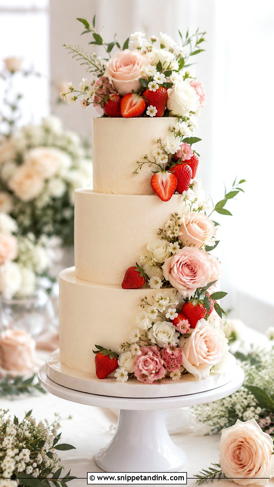 Strawberry Floral Wedding Cake - Snippet and Ink - 20 Best Strawberry Cake Ideas for Wedding