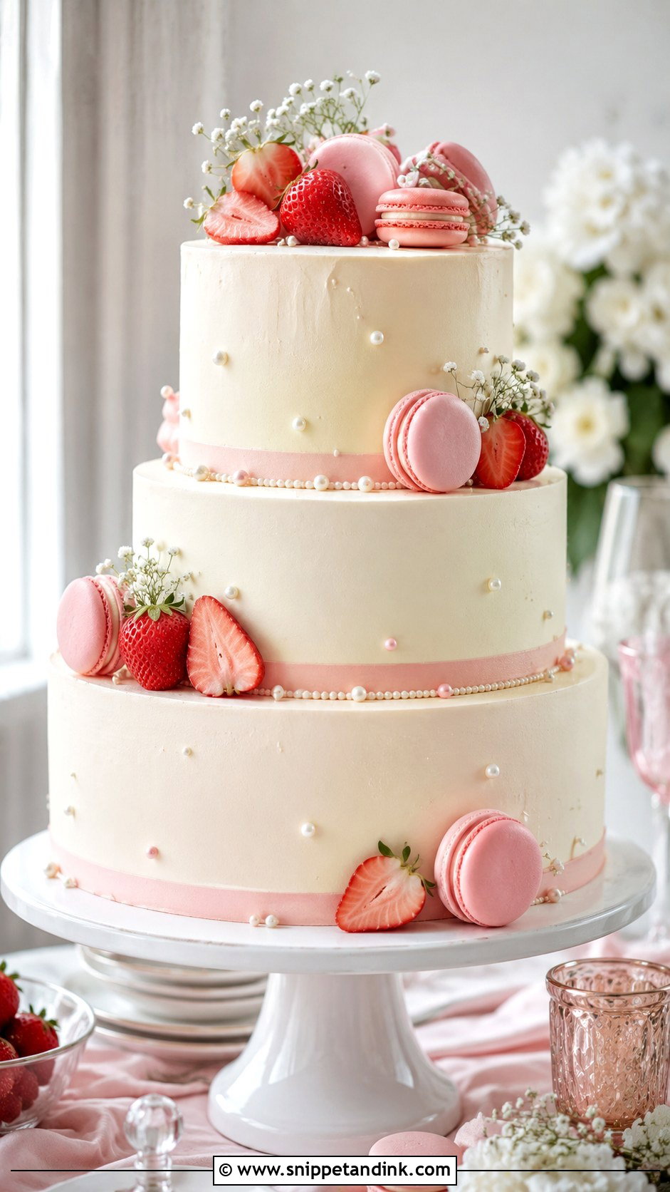 Strawberry Macaron Wedding Cake - Snippet and Ink - 20 Best Strawberry Cake Ideas for Wedding