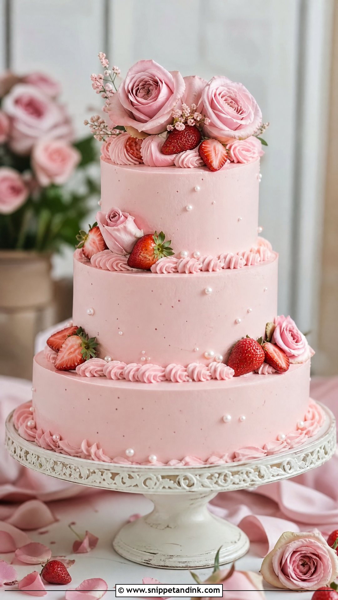 Strawberry Rose Wedding Cake - Snippet and Ink - 20 Strawberry Wedding Cake Ideas