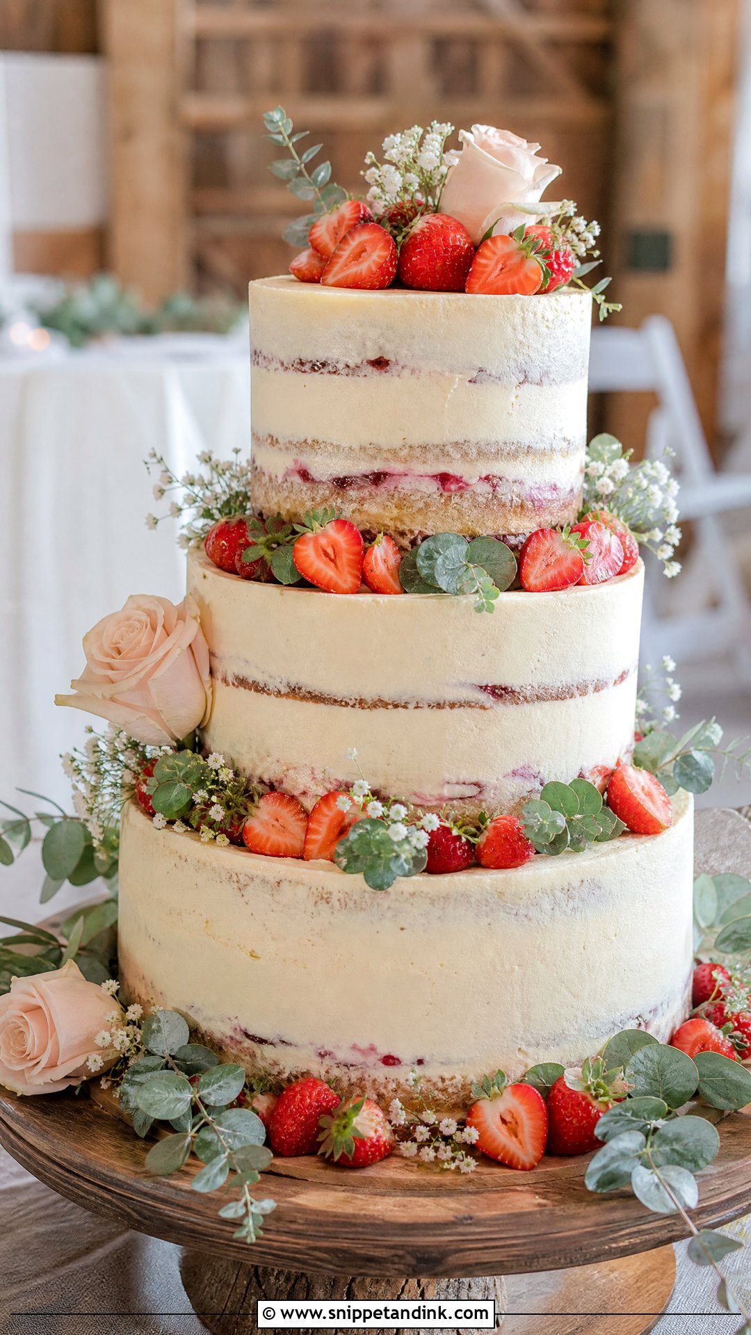 Strawberry Semi Naked Wedding Cake - Snippet and Ink - 20 Strawberry Wedding Cake Ideas