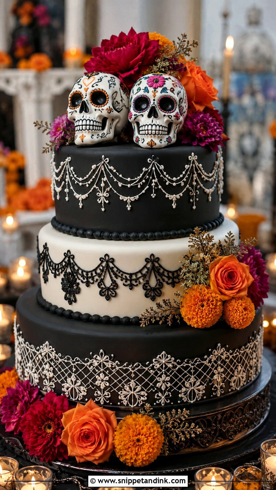 Sugar Skull Wedding Cake - Snippet and Ink - 20 Mexican Inspired Wedding Cake Ideas
