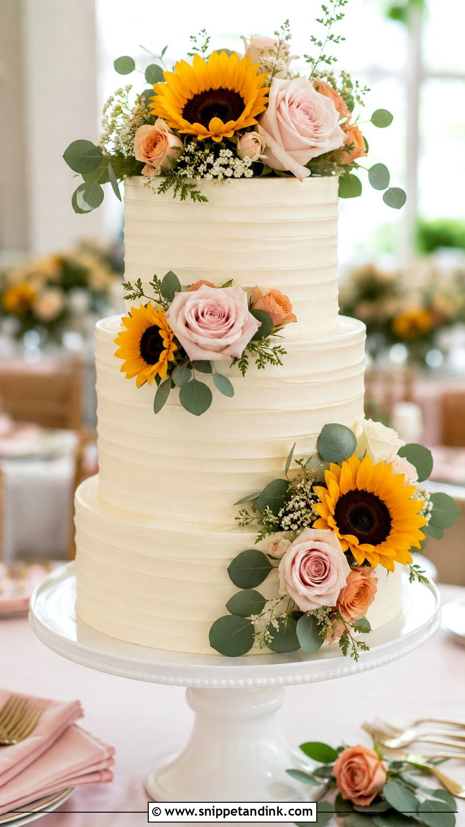 Sunflower And Blush Rose Wedding Cake - Snippet and Ink - 20 Sunflower and Rose Wedding Cake Ideas