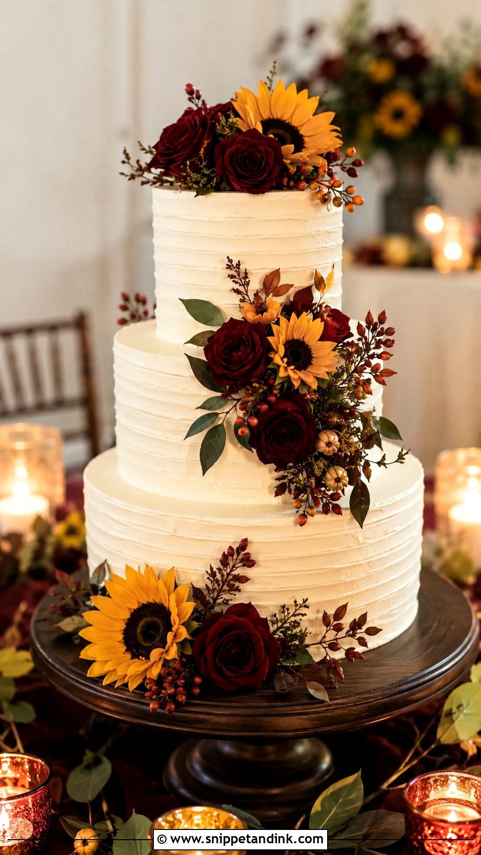 Sunflower And Burgundy Rose Wedding Cake - Snippet and Ink - 20 Sunflower and Rose Wedding Cake Ideas