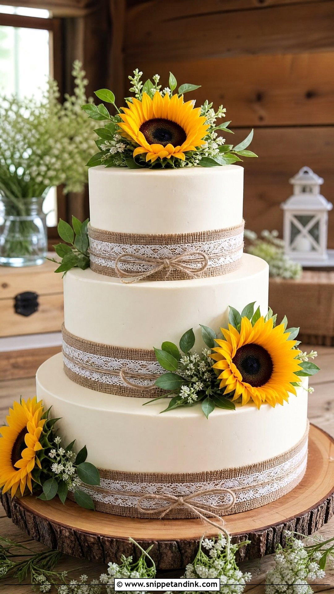 Sunflower And Burlap Wedding Cake - Snippet and Ink - 30 Sunflower Cake Design Ideas for Wedding
