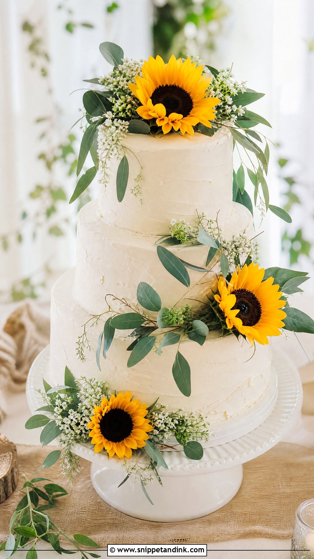 Sunflower And Eucalyptus Wedding Cake - Snippet and Ink - 30 Sunflower Cake Design Ideas for Wedding