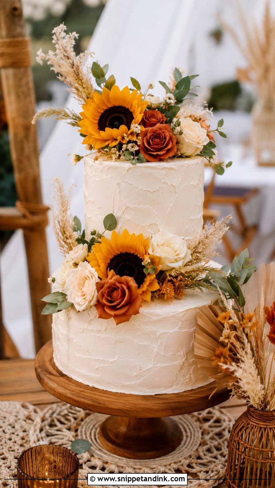 Sunflower And Rose Boho Wedding Cake - Snippet and Ink - 20 Sunflower and Rose Wedding Cake Ideas