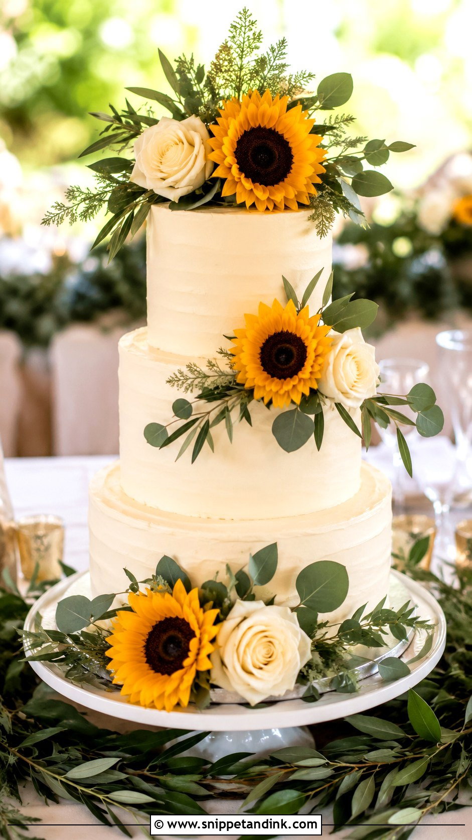 Sunflower And Rose Cake With Greenery - Snippet and Ink - 20 Sunflower and Rose Wedding Cake Ideas