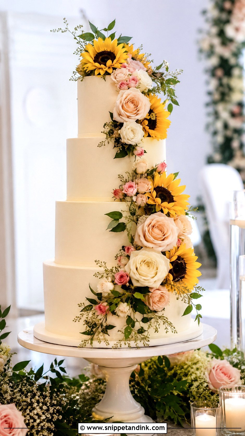 Sunflower And Rose Cascade Wedding Cake - Snippet and Ink - 20 Sunflower and Rose Wedding Cake Ideas