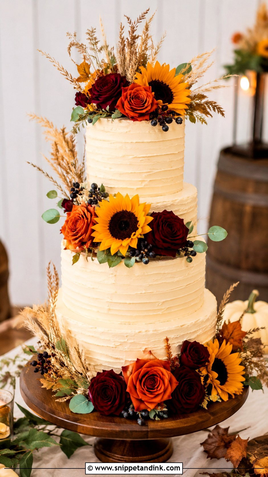 Sunflower And Rose Fall Wedding Cake - Snippet and Ink - 20 Sunflower and Rose Wedding Cake Ideas
