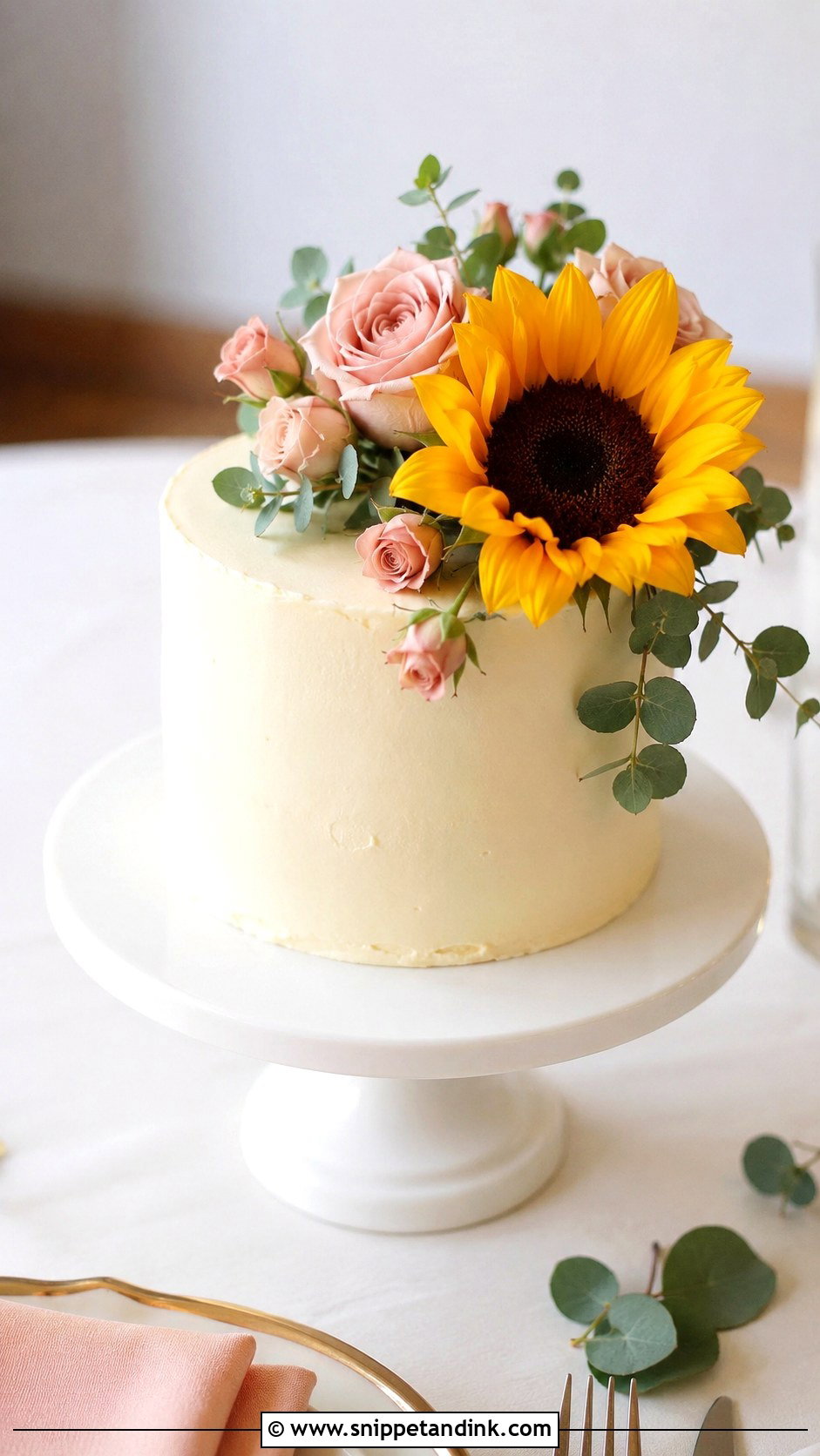 Sunflower And Rose Small Wedding Cake - Snippet and Ink - 20 Sunflower and Rose Wedding Cake Ideas