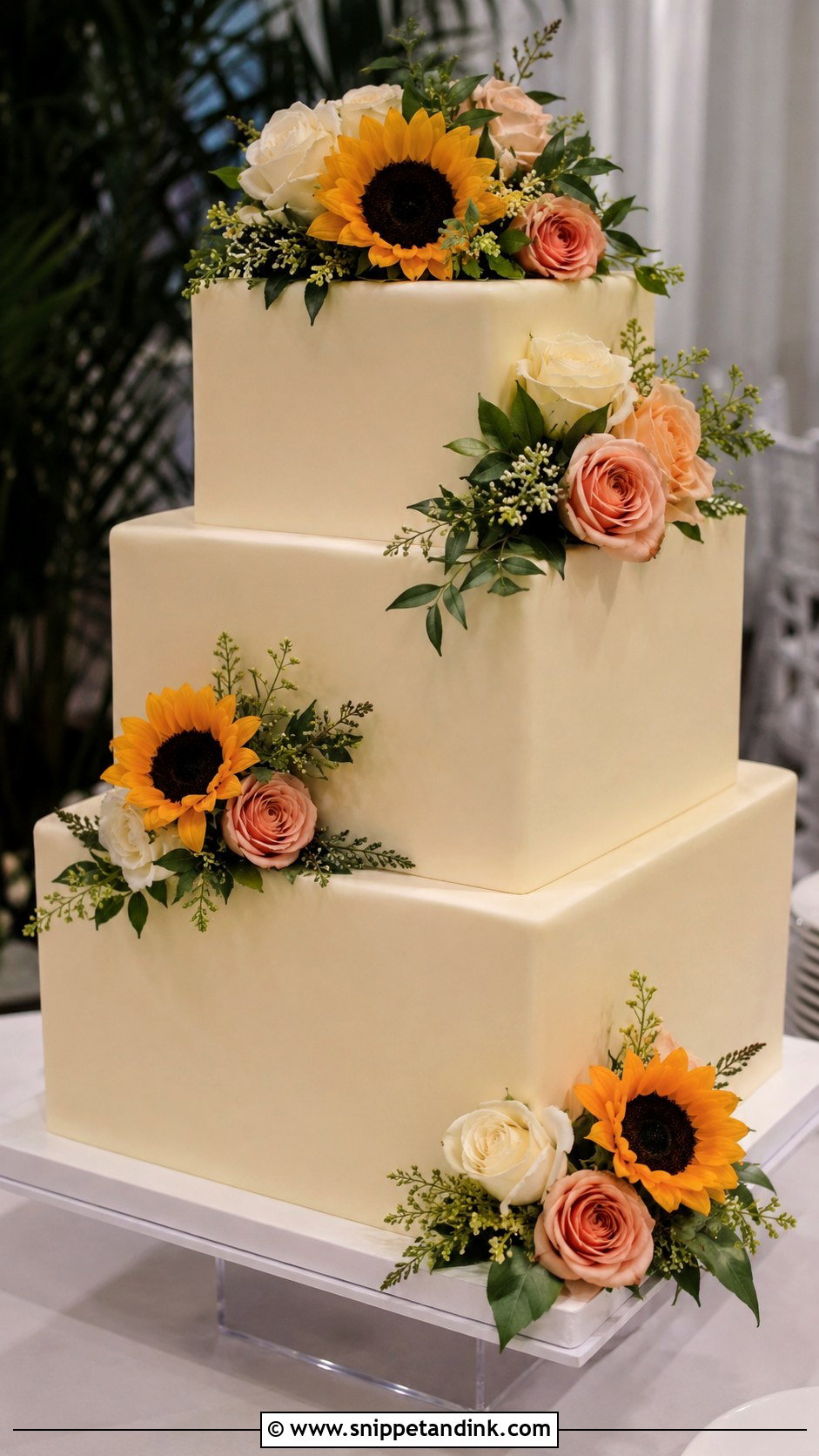 Sunflower And Rose Square Wedding Cake - Snippet and Ink - 20 Sunflower and Rose Wedding Cake Ideas