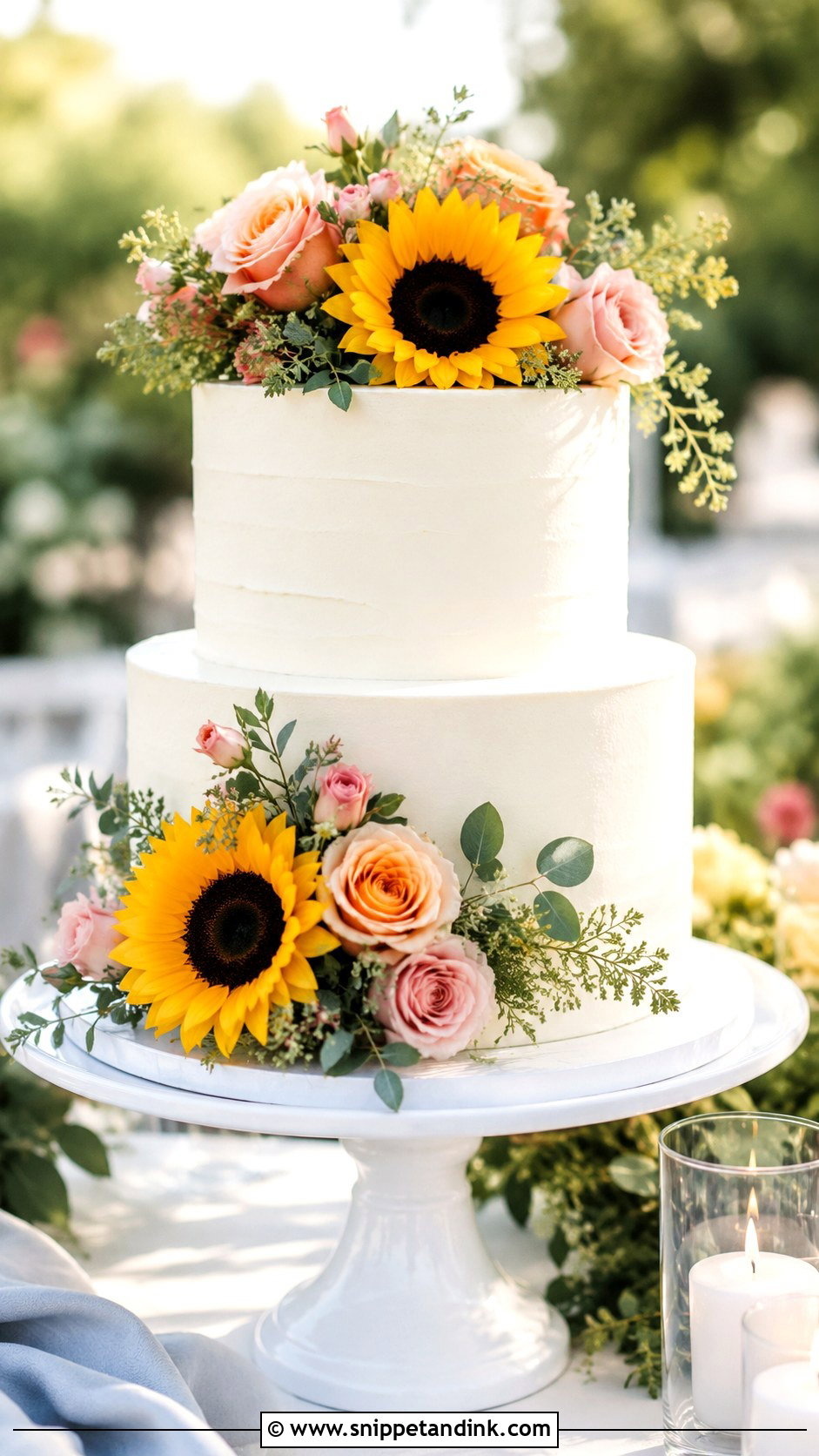 Sunflower And Rose Summer Wedding Cake - Snippet and Ink - 20 Sunflower and Rose Wedding Cake Ideas
