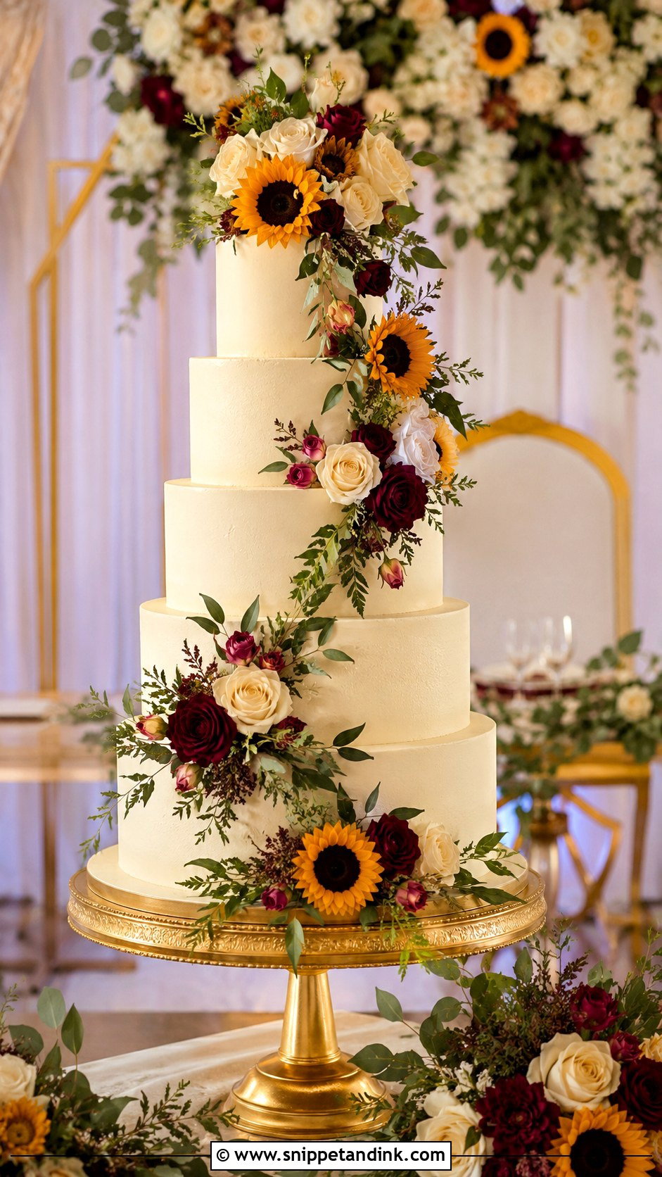 Sunflower And Rose Tall Wedding Cake - Snippet and Ink - 20 Sunflower and Rose Wedding Cake Ideas