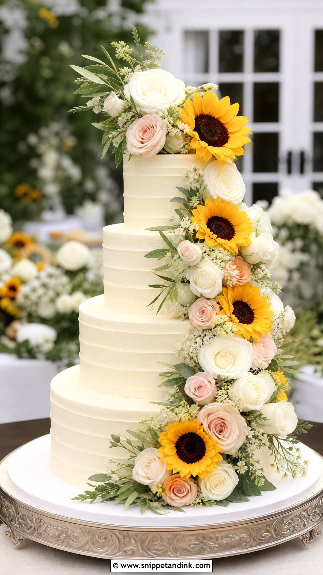 Sunflower And Rose Wedding Cake - Snippet and Ink - 30 Sunflower Cake Design Ideas for Wedding