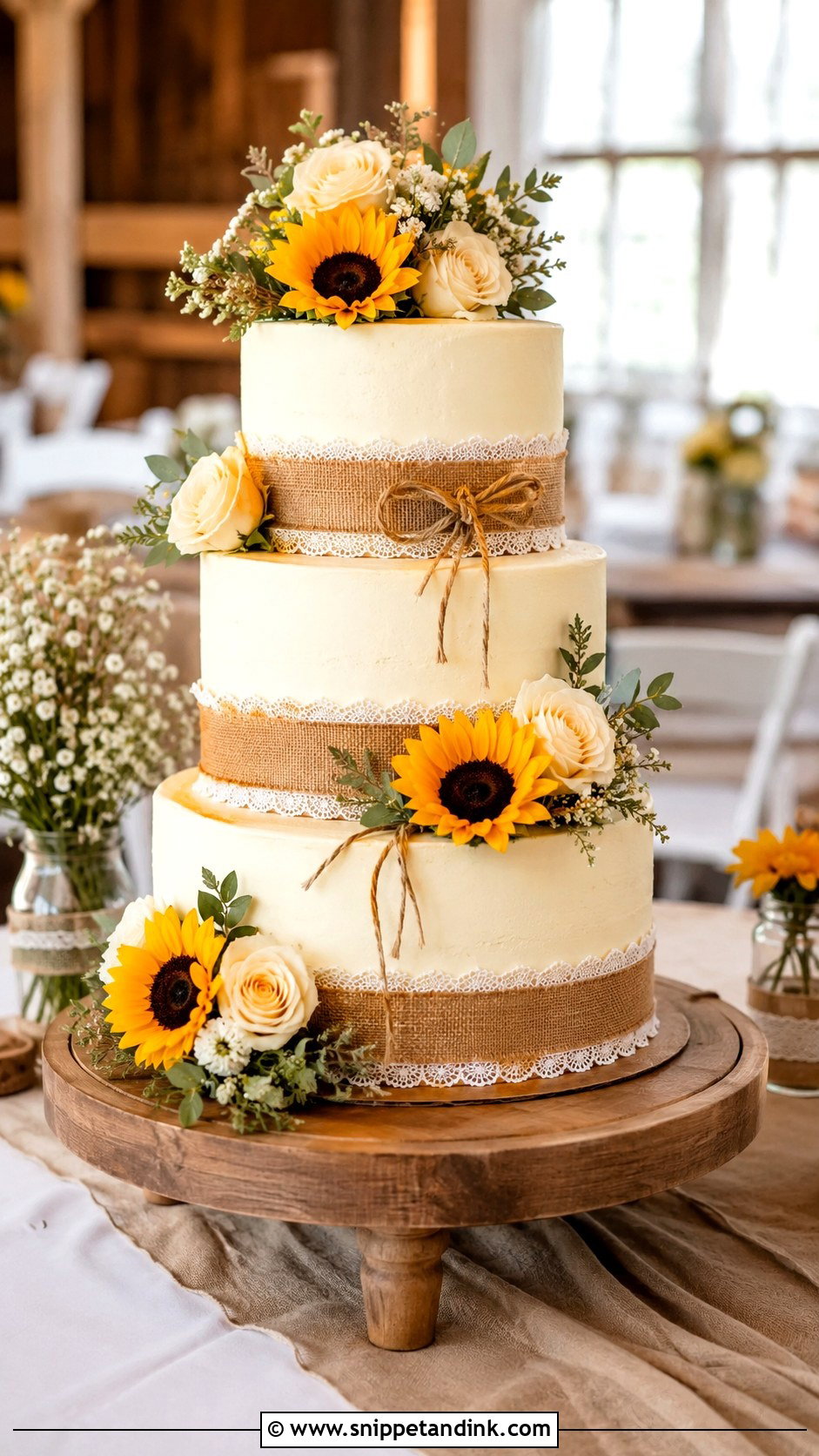 Sunflower And Rose Wedding Cake With Burlap - Snippet and Ink - 20 Sunflower and Rose Wedding Cake Ideas