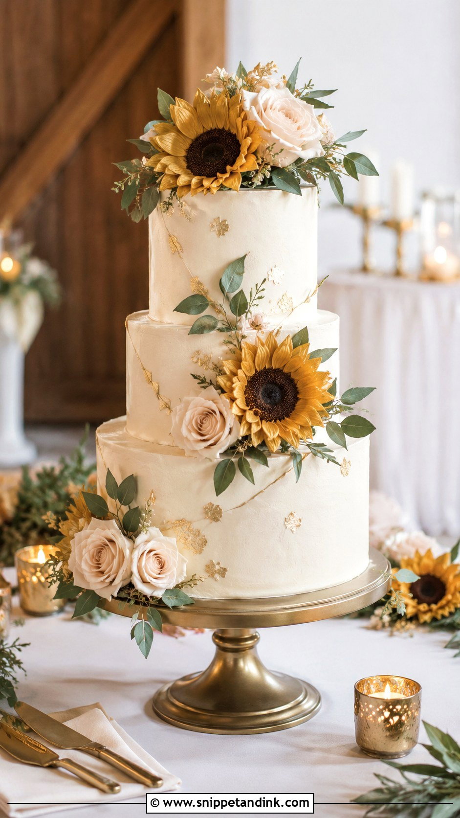 Sunflower And Rose Wedding Cake With Gold - Snippet and Ink - 20 Sunflower and Rose Wedding Cake Ideas