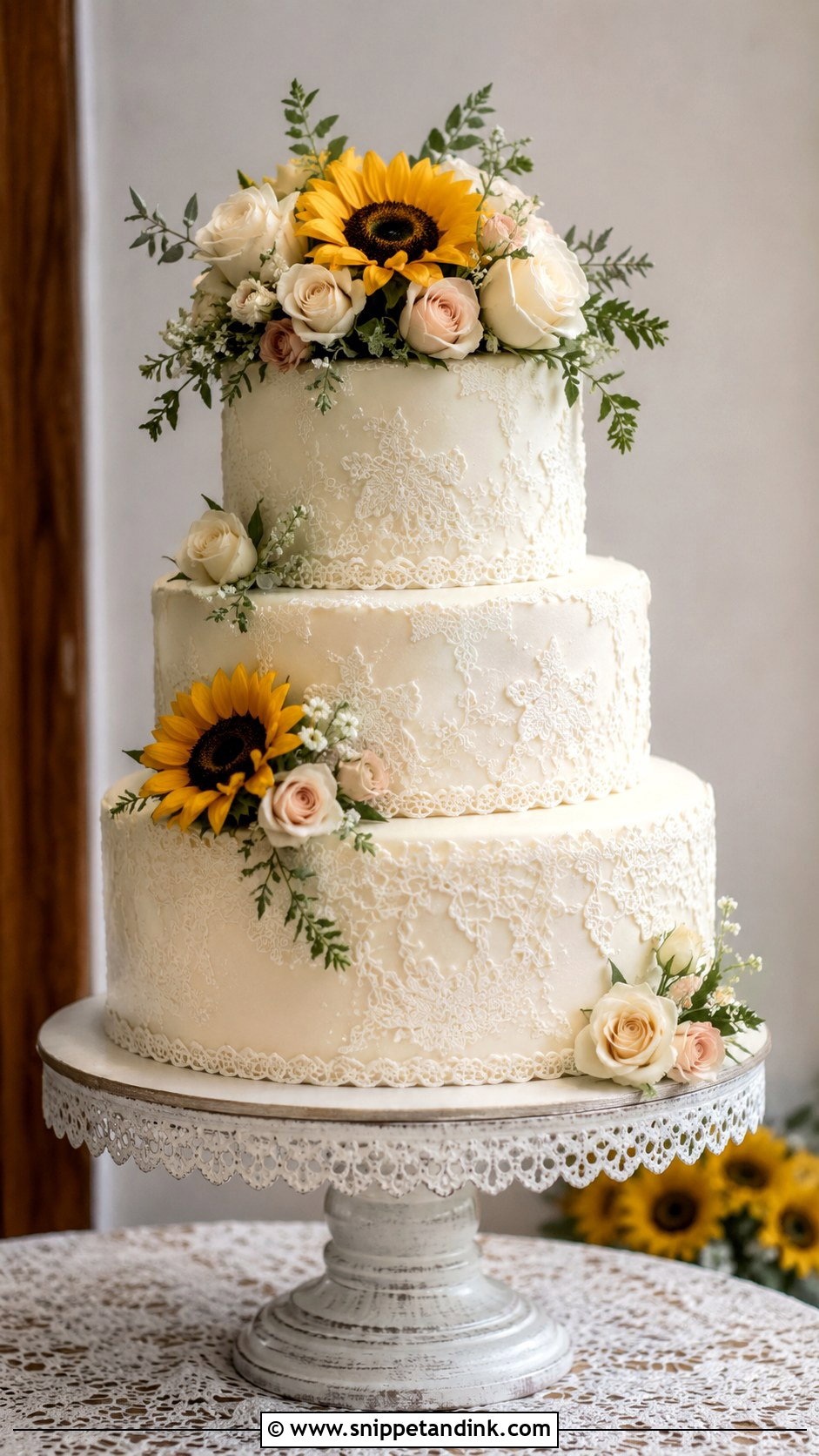 Sunflower And Rose Wedding Cake With Lace - Snippet and Ink - 20 Sunflower and Rose Wedding Cake Ideas