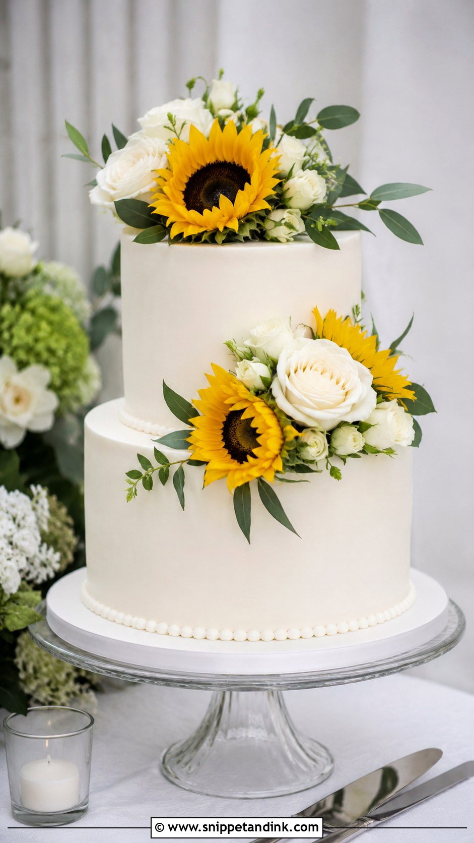Sunflower And White Rose Wedding Cake - Snippet and Ink - 20 Sunflower and Rose Wedding Cake Ideas