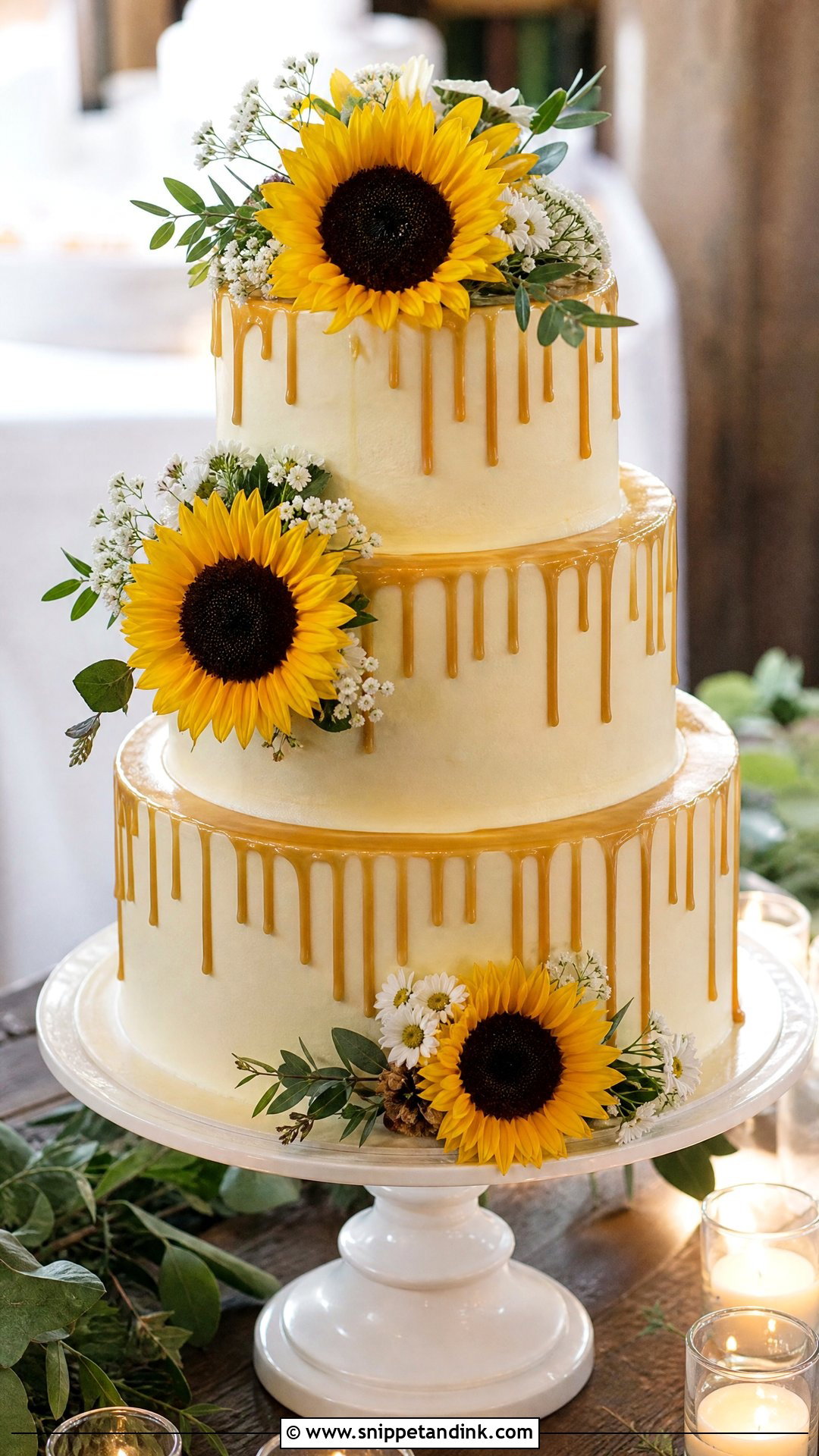 Sunflower Drip Wedding Cake - Snippet and Ink - 30 Sunflower Cake Design Ideas for Wedding