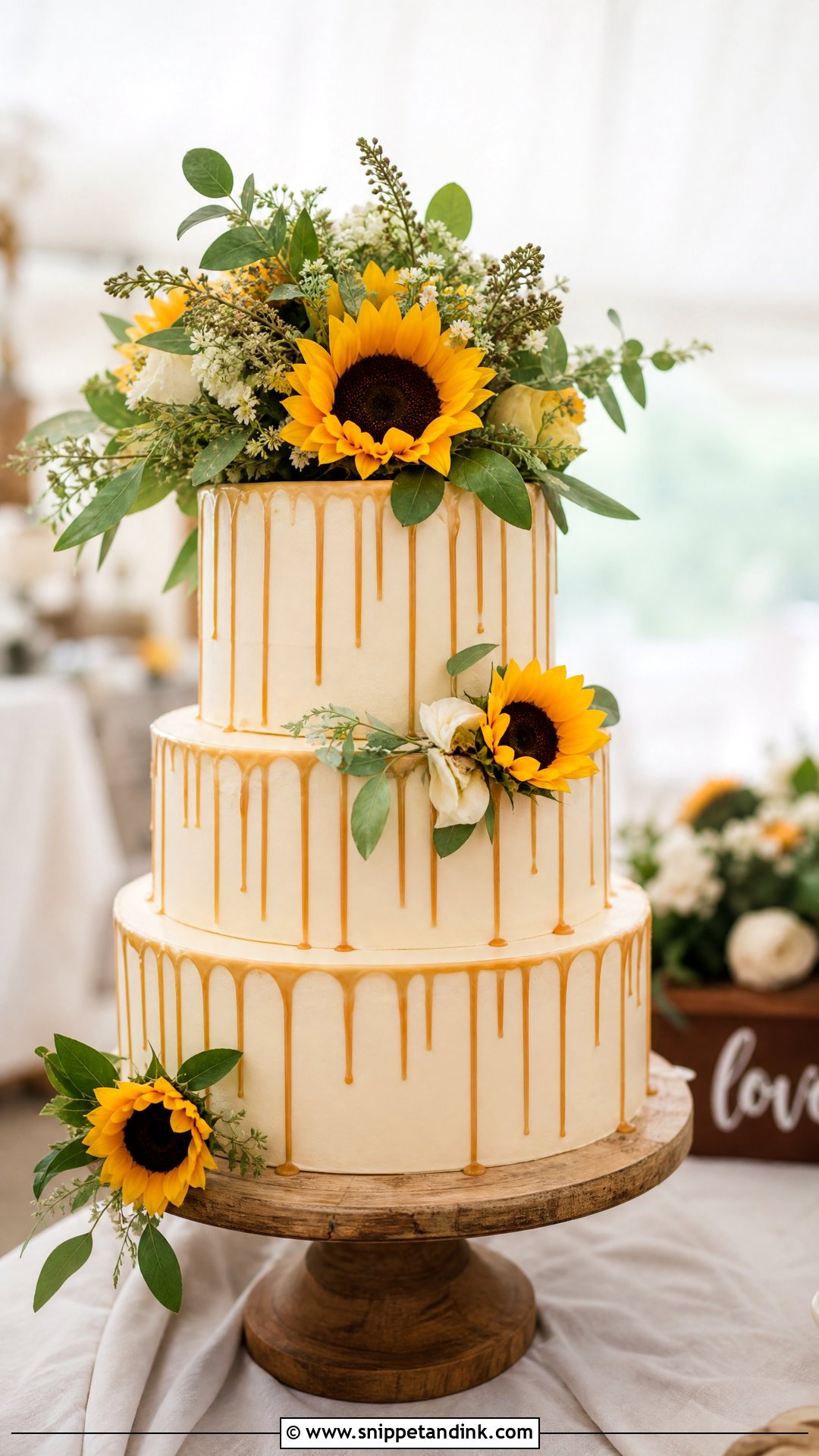 Sunflower Drip Wedding Cake - Snippet and Ink - 20 Sunflower Themed Cake Ideas for Wedding