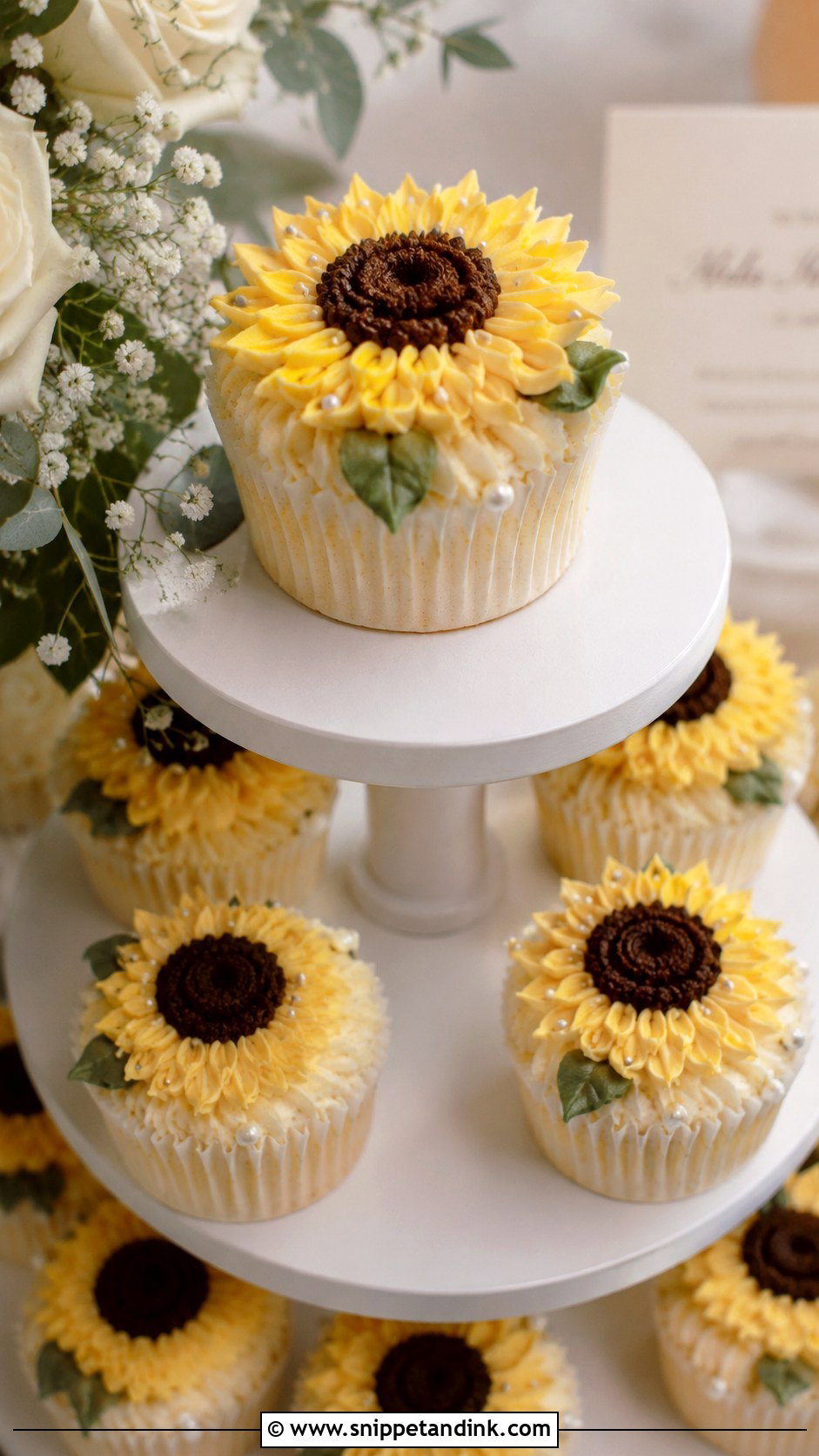 Sunflower Mini Cupcake Cake - Snippet and Ink - 20 Sunflower Mini Cake Ideas for Wedding