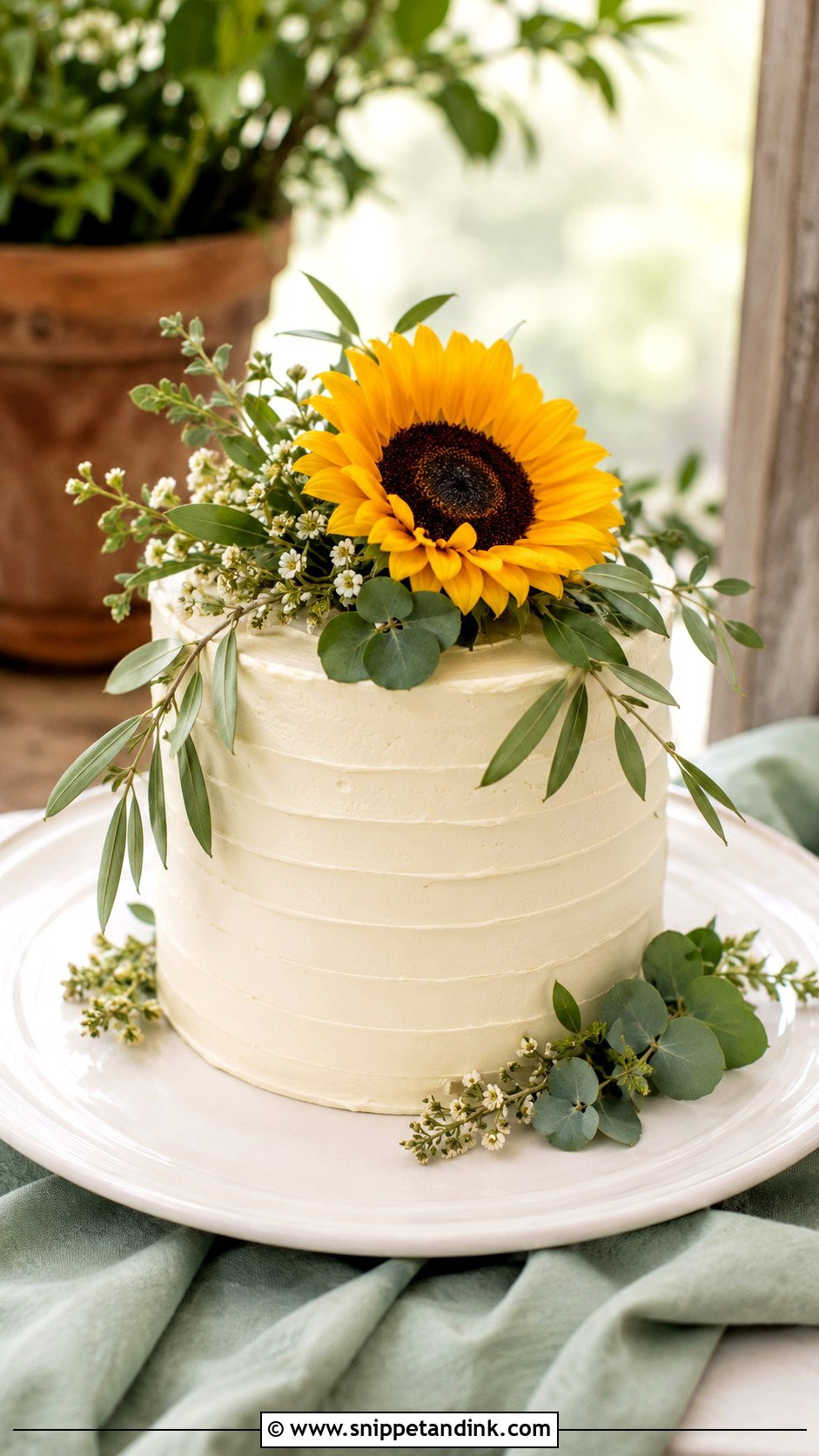 Sunflower Mini Greenery Cake - Snippet and Ink - 20 Sunflower Mini Cake Ideas for Wedding