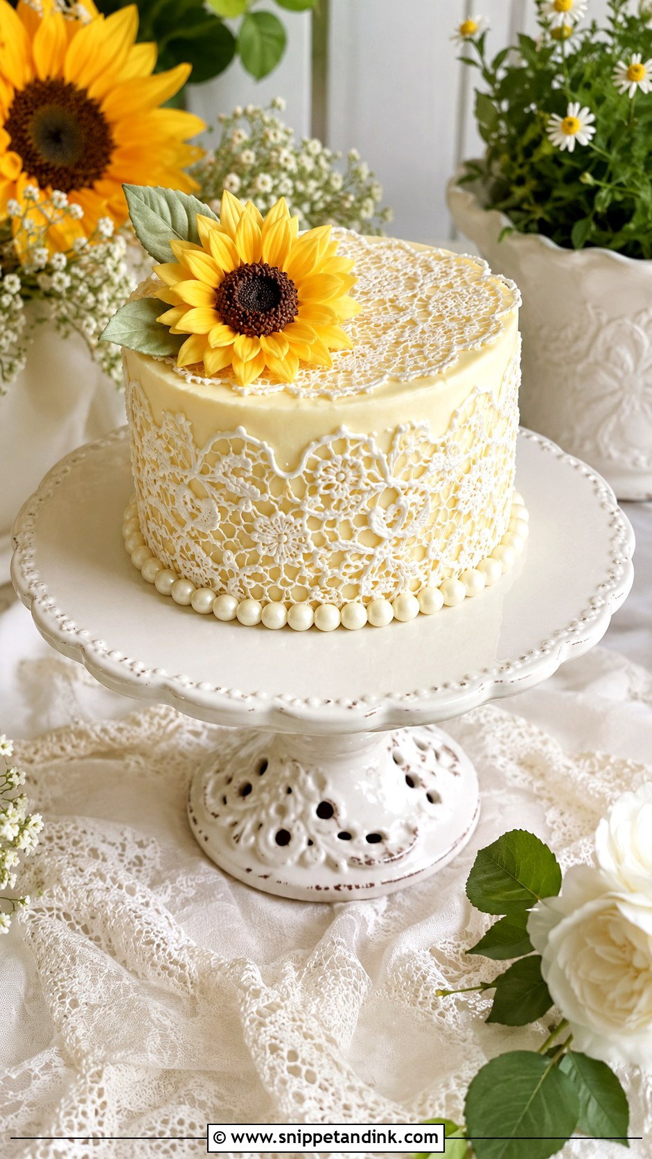 Sunflower Mini Lace Cake - Snippet and Ink - 20 Sunflower Mini Cake Ideas for Wedding