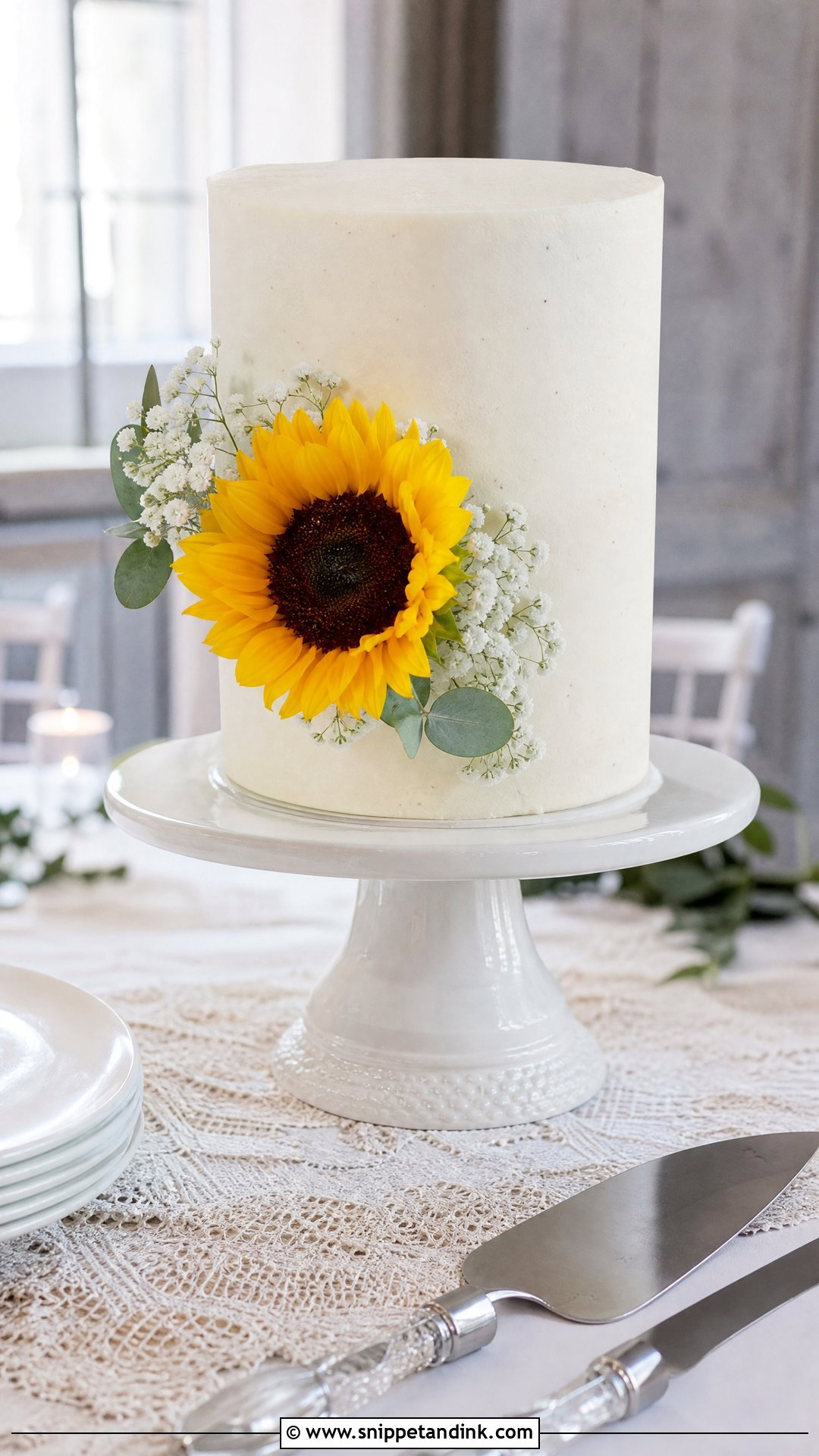 Sunflower Single Tier Wedding Cake - Snippet and Ink - 30 Sunflower Cake Design Ideas for Wedding
