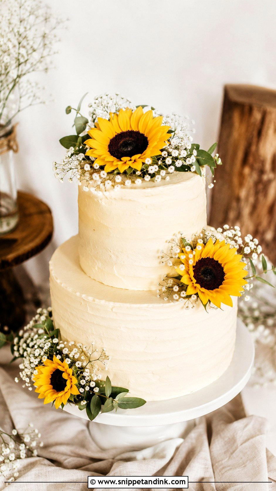 Sunflower Wedding Cake With Babys Breath - Snippet and Ink - 20 Sunflower Wedding Cake Ideas