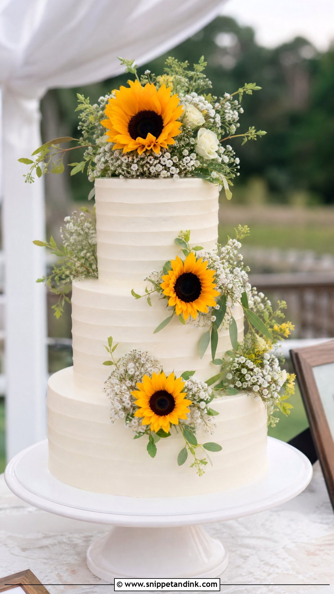 Sunflower Wedding Cake With Babys Breath - Snippet and Ink - 20 Sunflower Themed Cake Ideas for Wedding