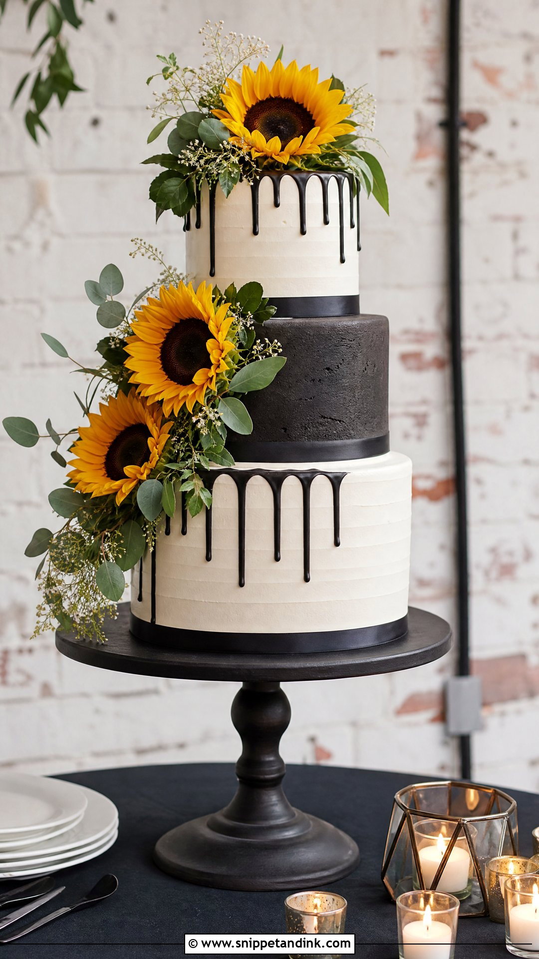 Sunflower Wedding Cake With Black Accents - Snippet and Ink - 20 Sunflower Themed Cake Ideas for Wedding