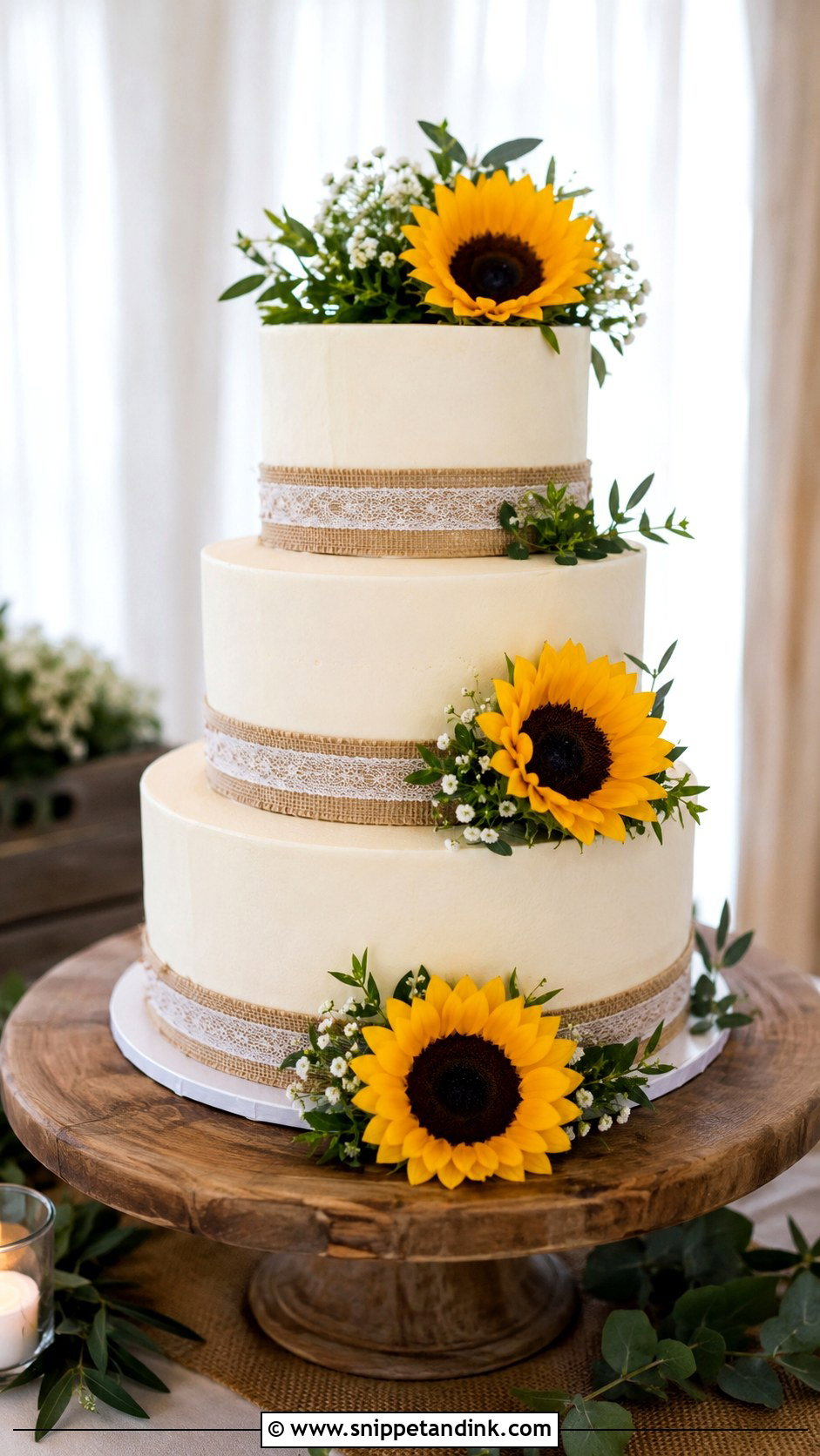 Sunflower Wedding Cake With Burlap - Snippet and Ink - 20 Sunflower Wedding Cake Ideas