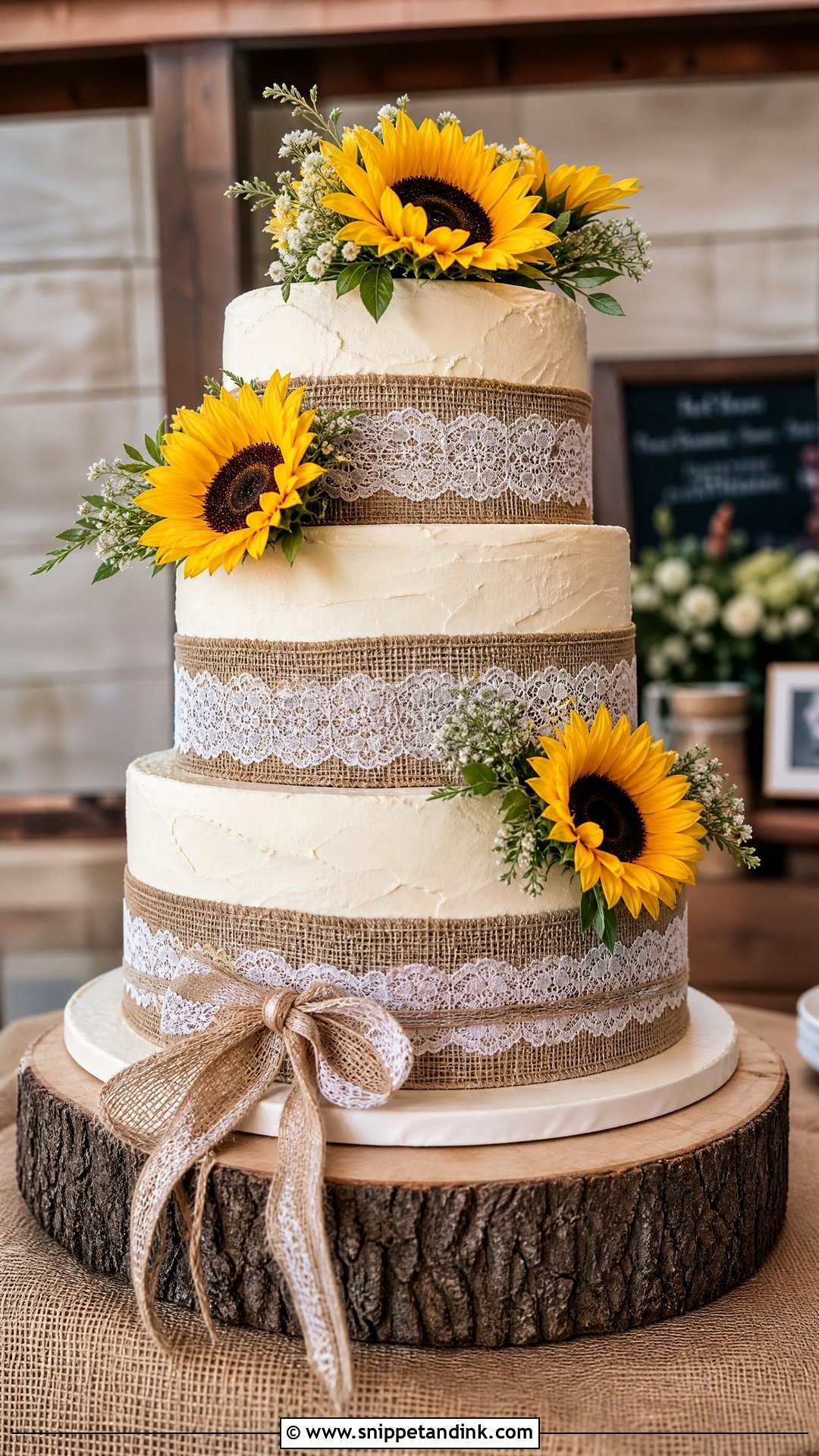 Sunflower Wedding Cake With Burlap - Snippet and Ink - 20 Sunflower Themed Cake Ideas for Wedding