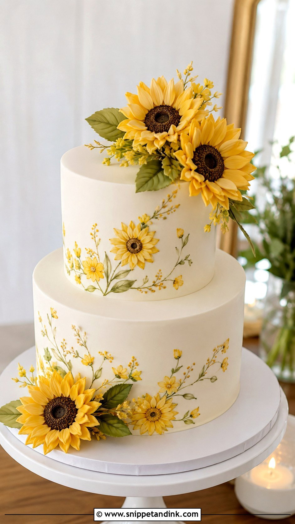 Sunflower Wedding Cake With Cupcakes - Snippet and Ink - 20 Sunflower Wedding Cake Ideas