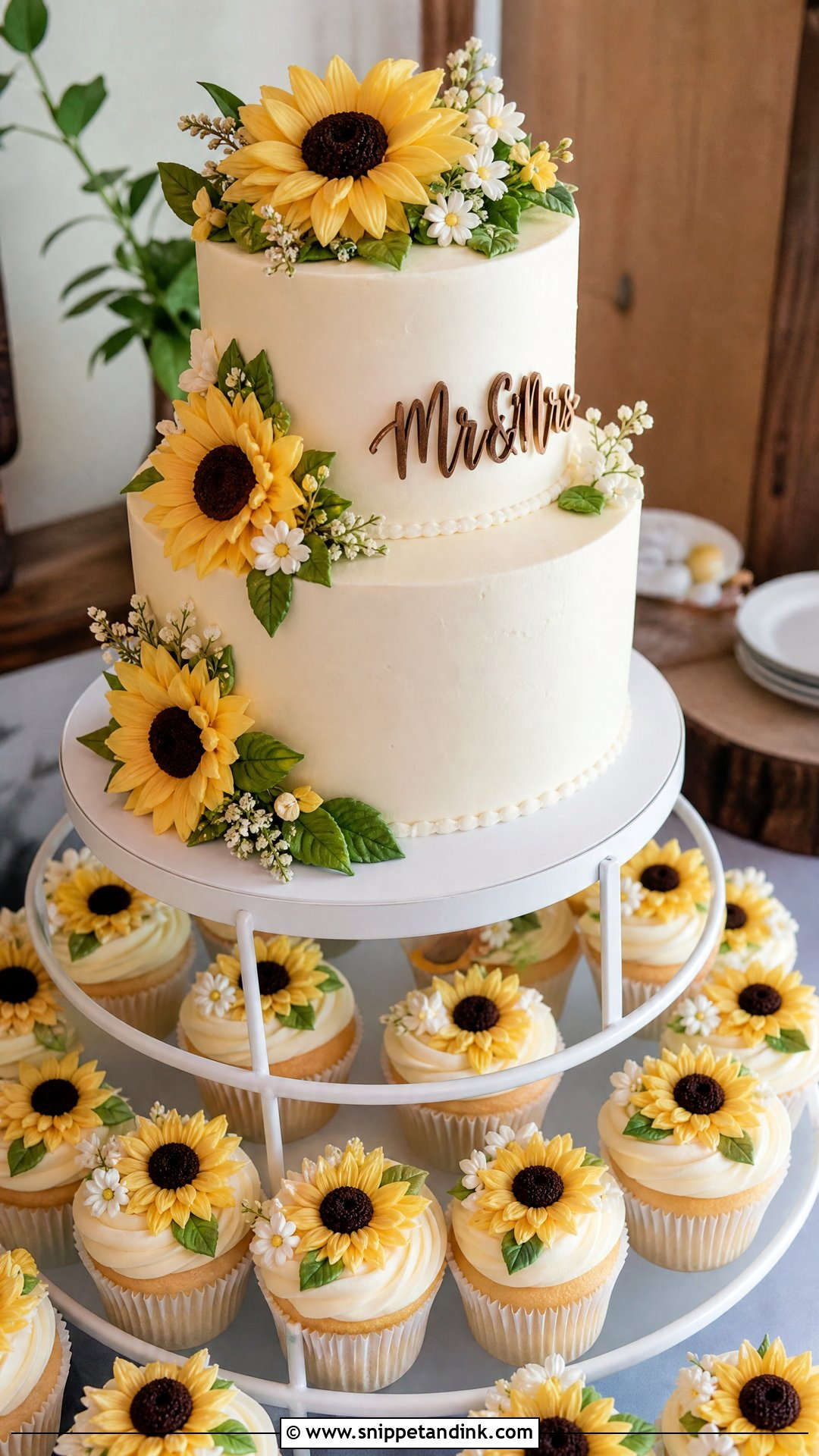 Sunflower Wedding Cake With Cupcakes - Snippet and Ink - 20 Sunflower Themed Cake Ideas for Wedding