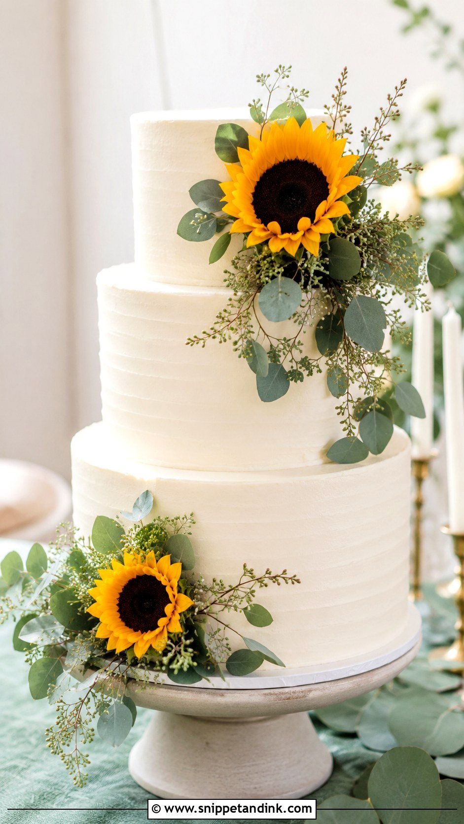 Sunflower Wedding Cake With Eucalyptus - Snippet and Ink - 20 Sunflower Wedding Cake Ideas