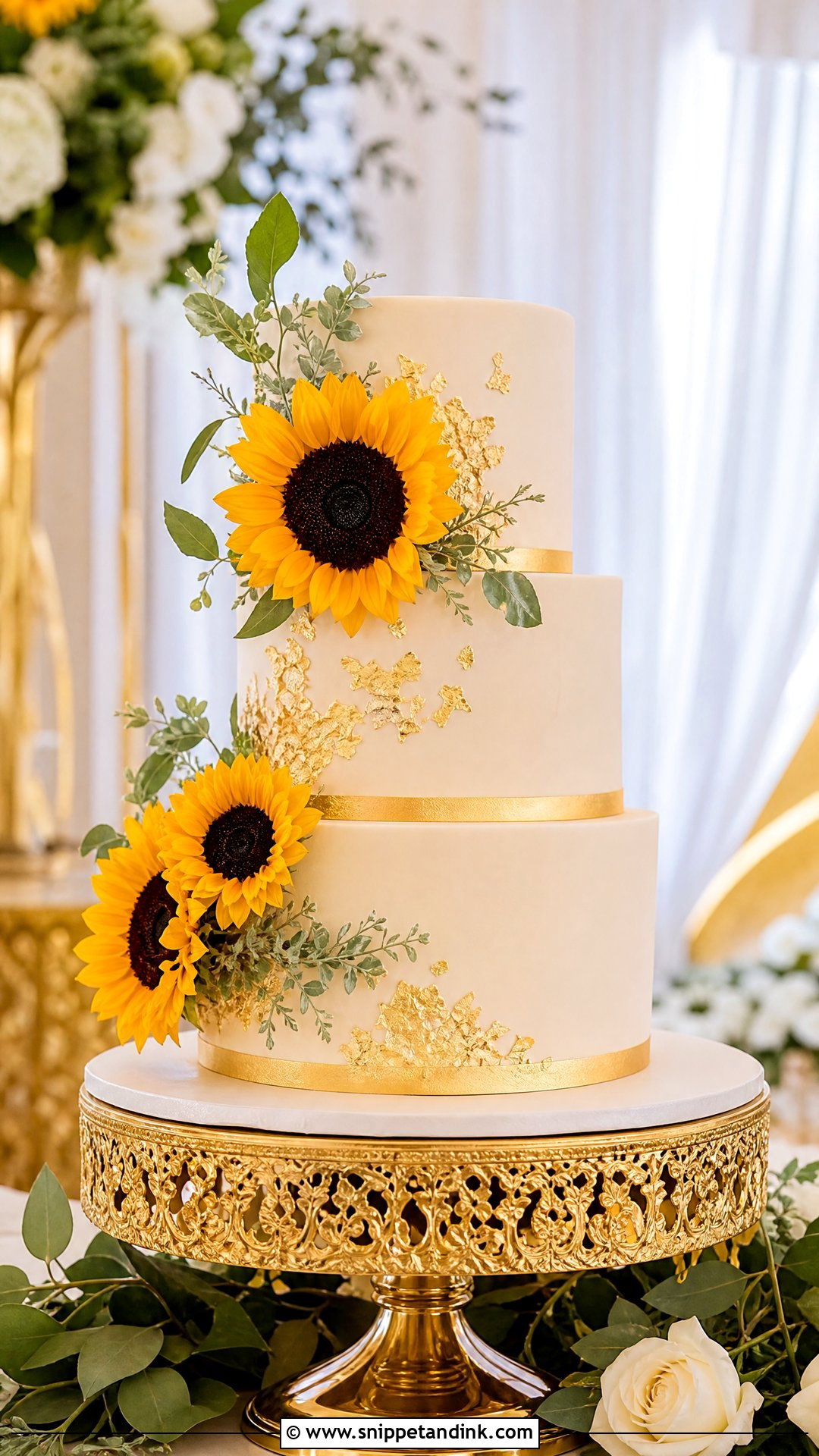 Sunflower Wedding Cake With Gold Accents - Snippet and Ink - 20 Sunflower Themed Cake Ideas for Wedding