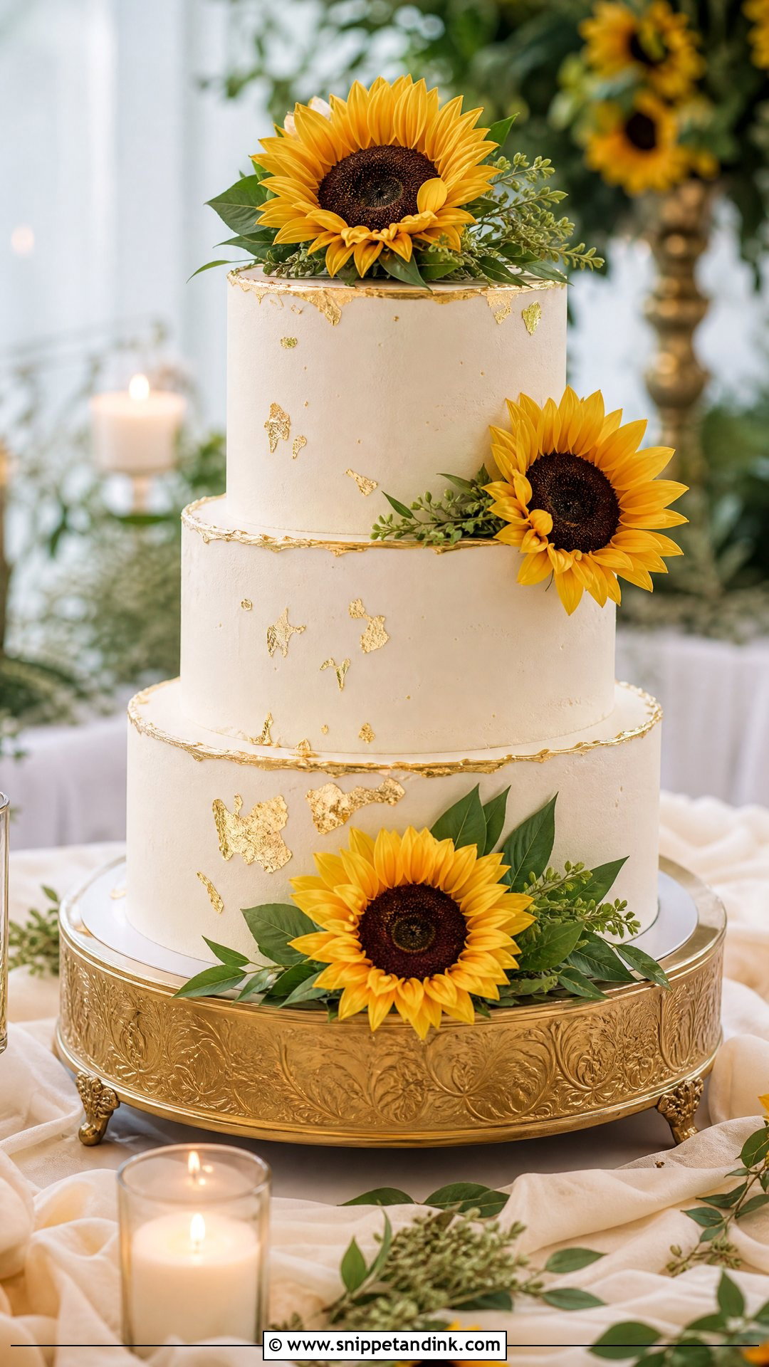 Sunflower Wedding Cake With Gold - Snippet and Ink - 30 Sunflower Cake Design Ideas for Wedding