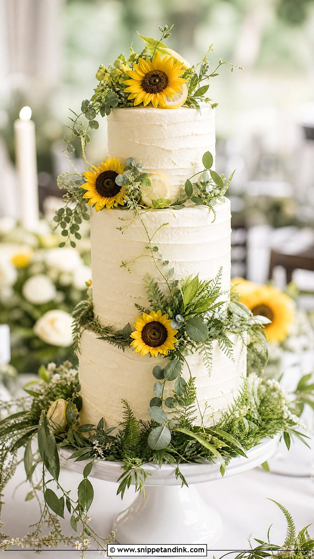 Sunflower Wedding Cake With Greenery - Snippet and Ink - 20 Sunflower Themed Cake Ideas for Wedding