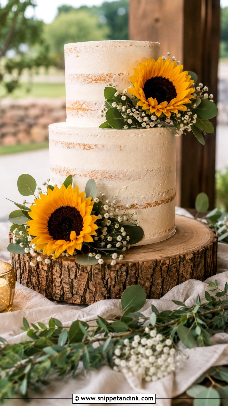 Sunflower Wedding Cake With Lace - Snippet and Ink - 20 Sunflower Wedding Cake Ideas