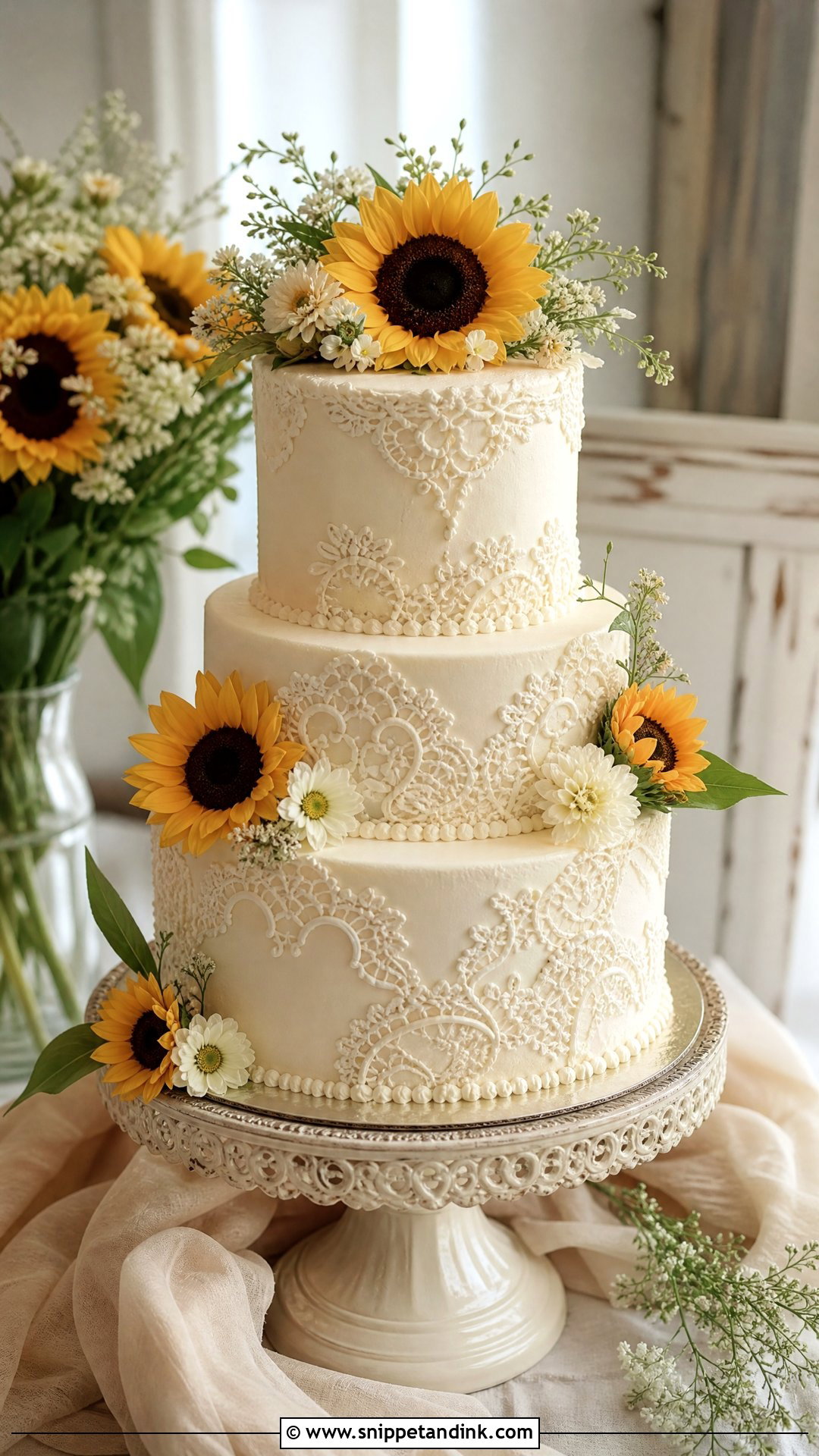 Sunflower Wedding Cake With Lace - Snippet and Ink - 30 Sunflower Cake Design Ideas for Wedding