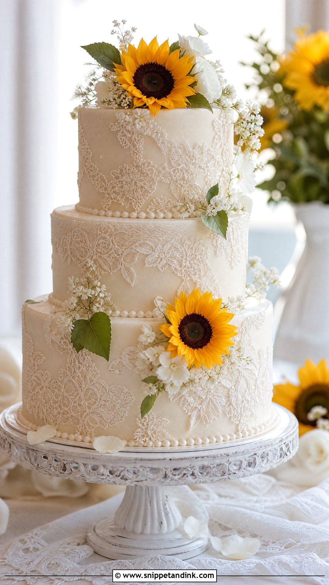 Sunflower Wedding Cake With Lace - Snippet and Ink - 20 Sunflower Themed Cake Ideas for Wedding