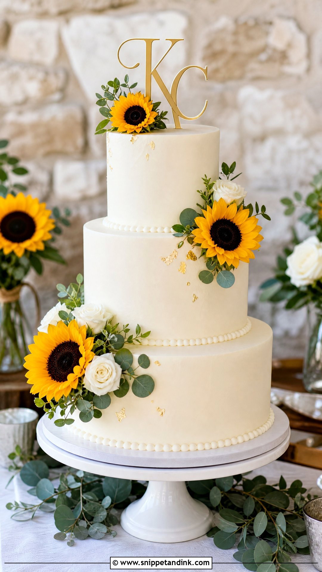 Sunflower Wedding Cake With Monogram - Snippet and Ink - 30 Sunflower Cake Design Ideas for Wedding